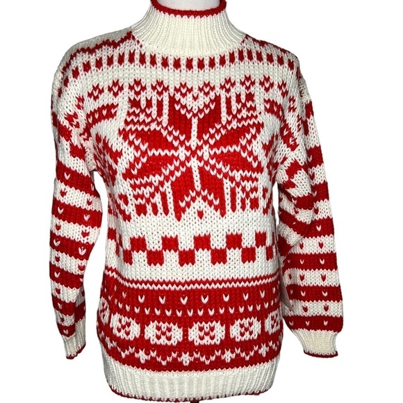 Y2K Ricki Snowflake Hand Knit Crew Neck Sweater Size M NWT Red Cream Chunky Knit - Picture 12 of 13